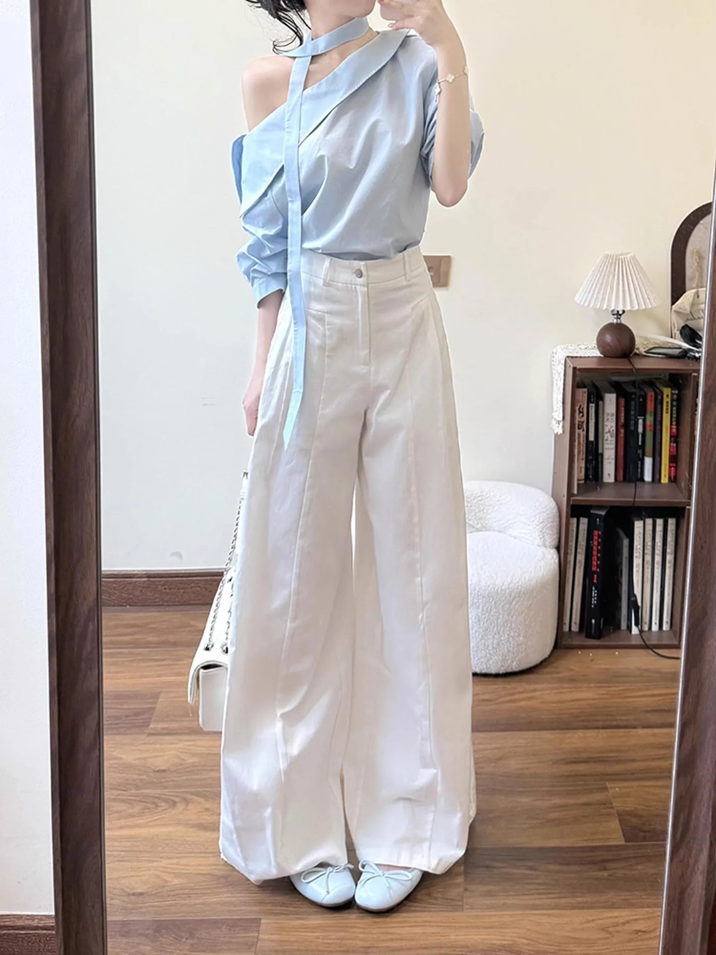 Blue Ins Style Set Long Sleeve Office Work Outfit