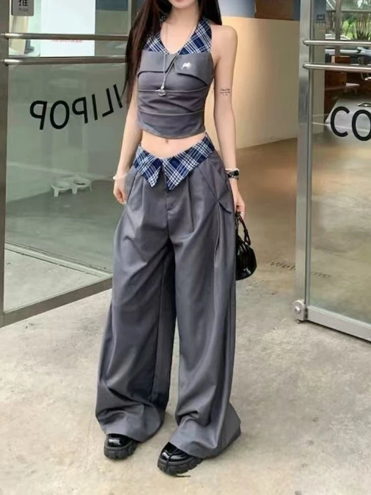 Preppy Style Trouser-suit Sleeveless Slash Neck Tops + Loose High-waist Baggy Pants