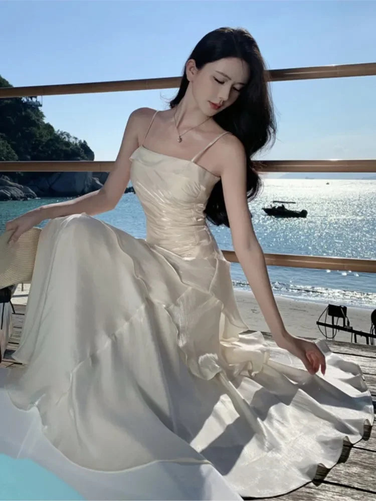 Elegant Irregular Spaghetti Strap Sleeveless Long Dress