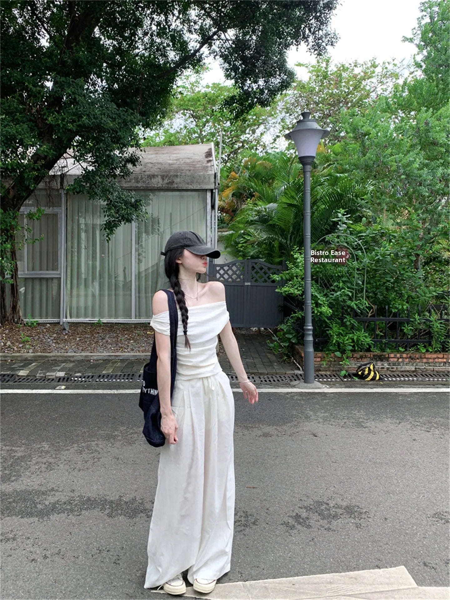 Korean Elegant Style Short Slim Fit Shoulder Sleeve And Wide Leg Pants Set Outfit