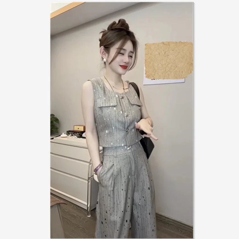 Korean Elegant Style Sleeveless Vest Jacket = High Waist Wide-Leg Pants Two Piece Set Outfit
