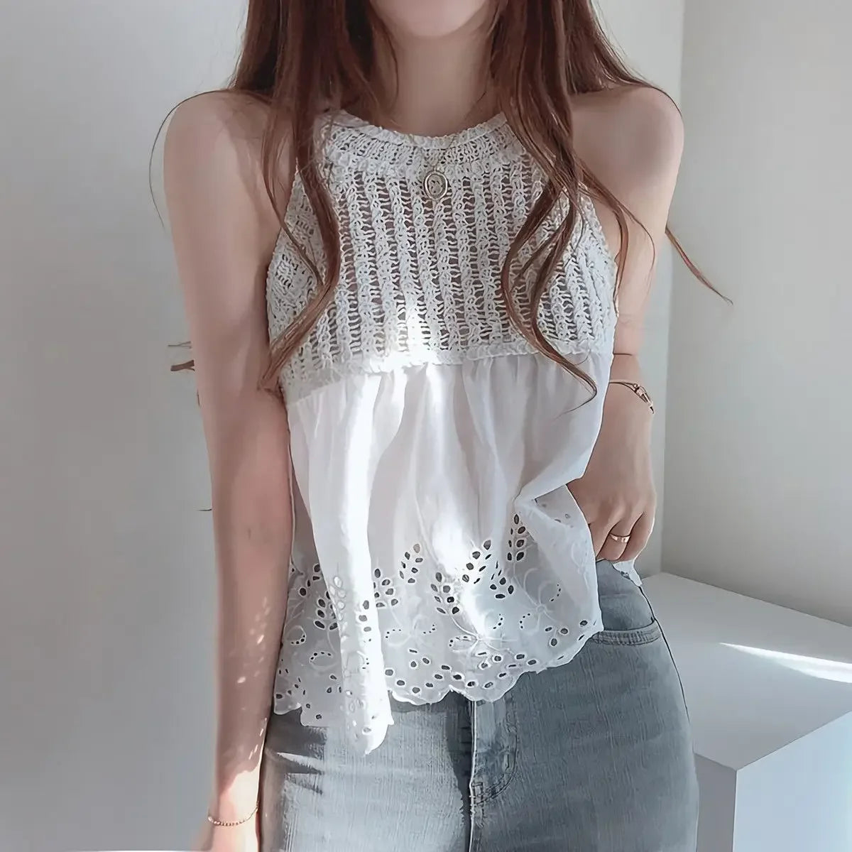 Korean Style Chic Hollow Tank Out Loose Fit Top