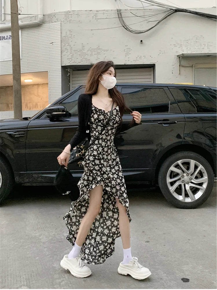 Korean Style Floral Maxi Slimming Long High Waist Zipper Closure Dress