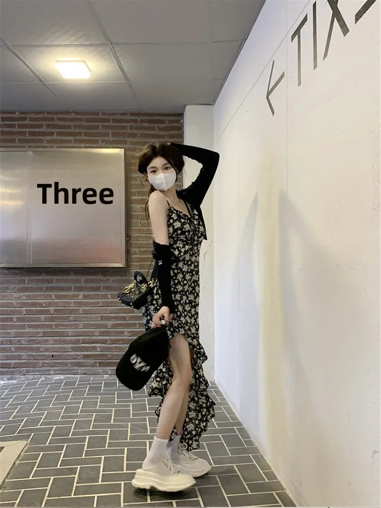 Korean Style Floral Maxi Slimming Long High Waist Zipper Closure Dress