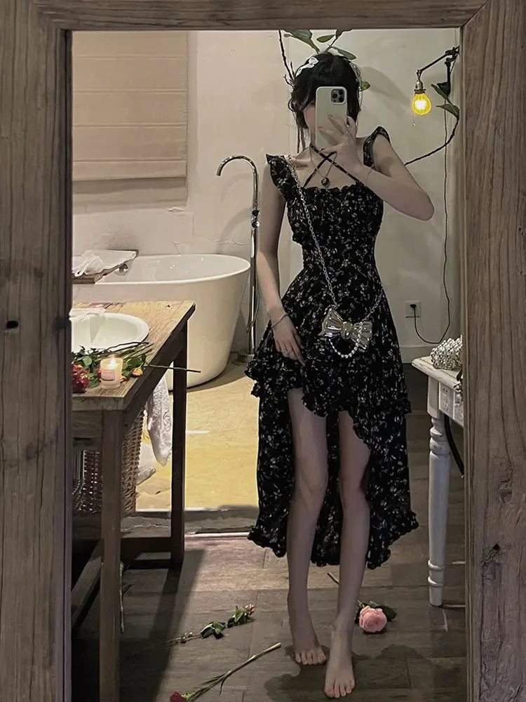 Floral Slimming Irregular Hemline Spaghetti Strap Dress with Square Neckline Waist-cinching