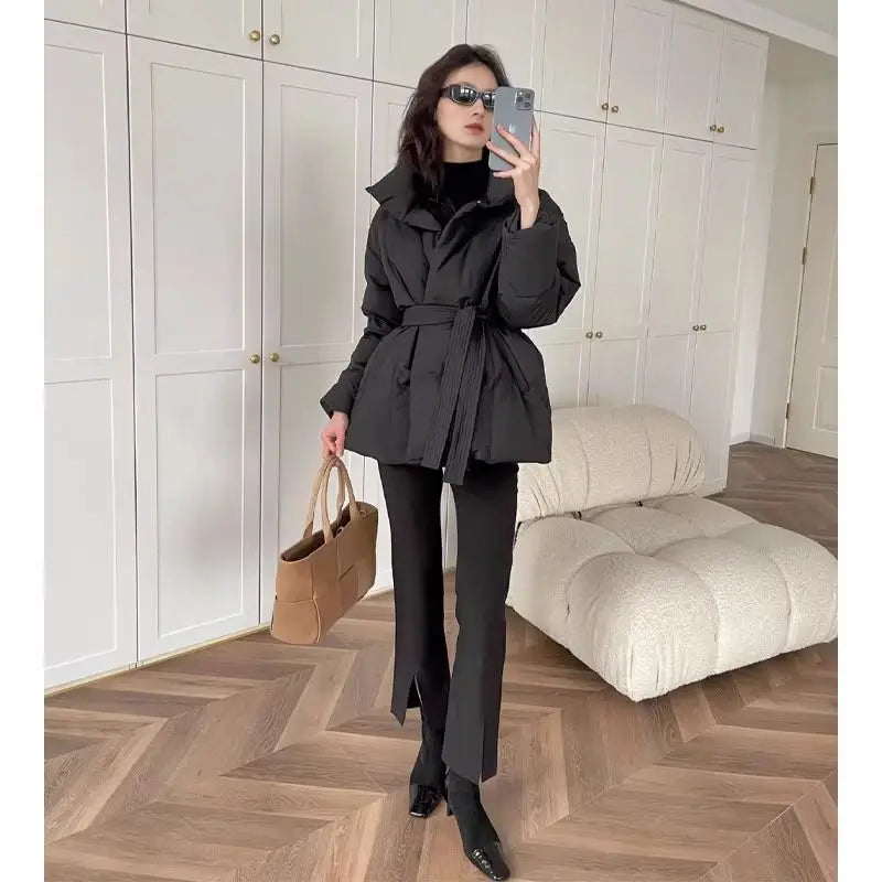 High-end Cotton Coat Belt Black Cotton-padded Jacket