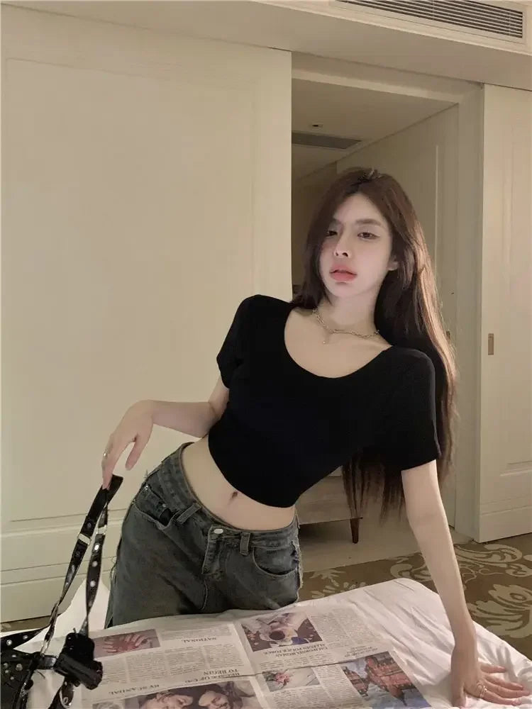Vintage Lady Backless  Sexy Slim O-neck T-shirts Women Crop Club Tops