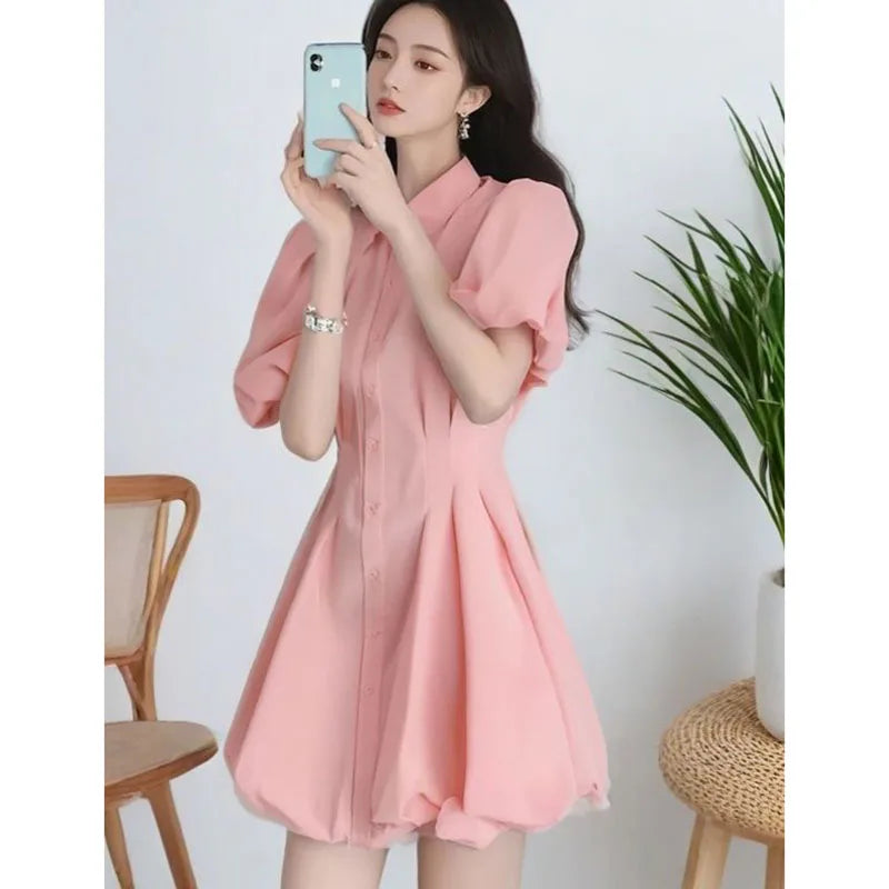Sweet Lapel Button Spliced Folds Puff Sleeve Dress