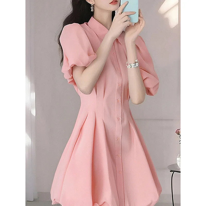 Sweet Lapel Button Spliced Folds Puff Sleeve Dress