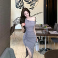 Elegant One Shoulder Sequin Split Evening Party Dress