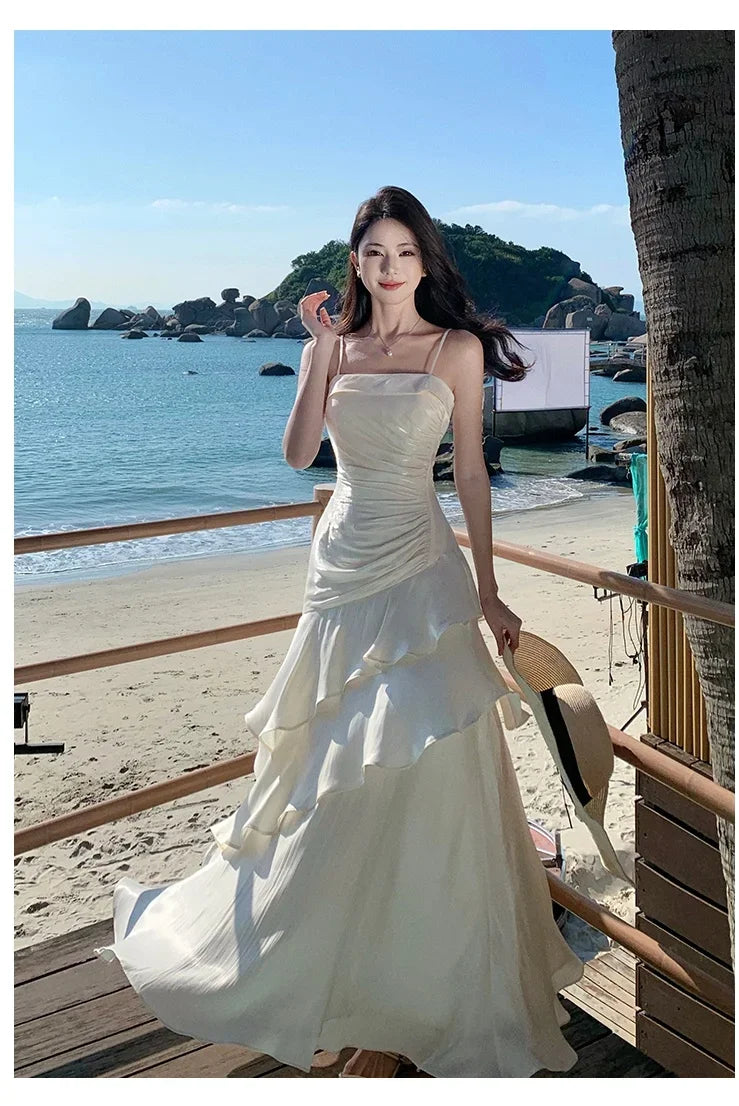 Elegant Irregular Spaghetti Strap Sleeveless Long Dress