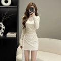 French Style Pleated Shoulder Bridesmaid Inner Short Skirt Bodycon Dress