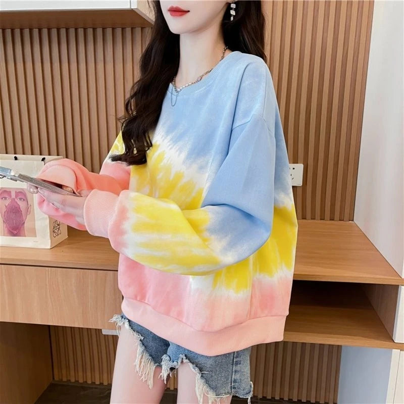 Tie Dye Gradient Pullover Top Korean Rainbow Ladies Sweatshirts