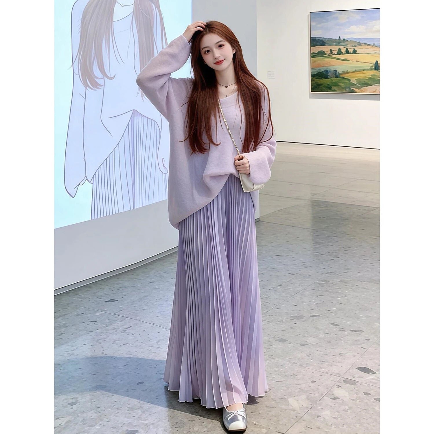 Korean Purple Sweater + Long Skirt Set Winter Casual
