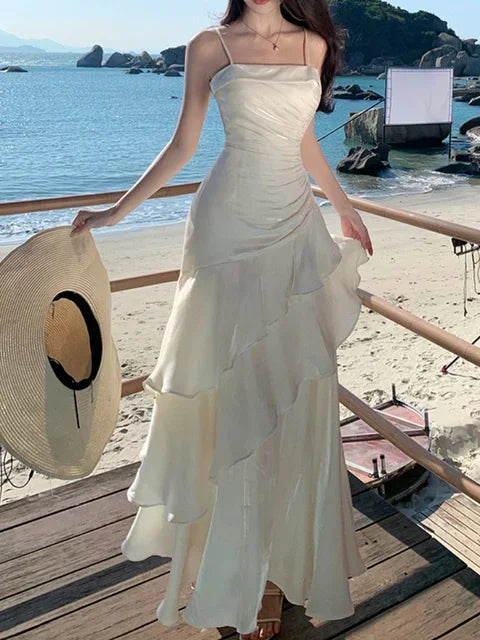Elegant Irregular Spaghetti Strap Sleeveless Long Dress