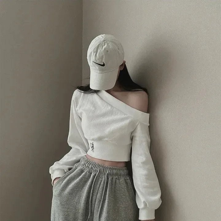 Korean Style Chic Hoodie Irregular Slash Neck Off Shoulder Long Sleeve Solid Waist Versatile