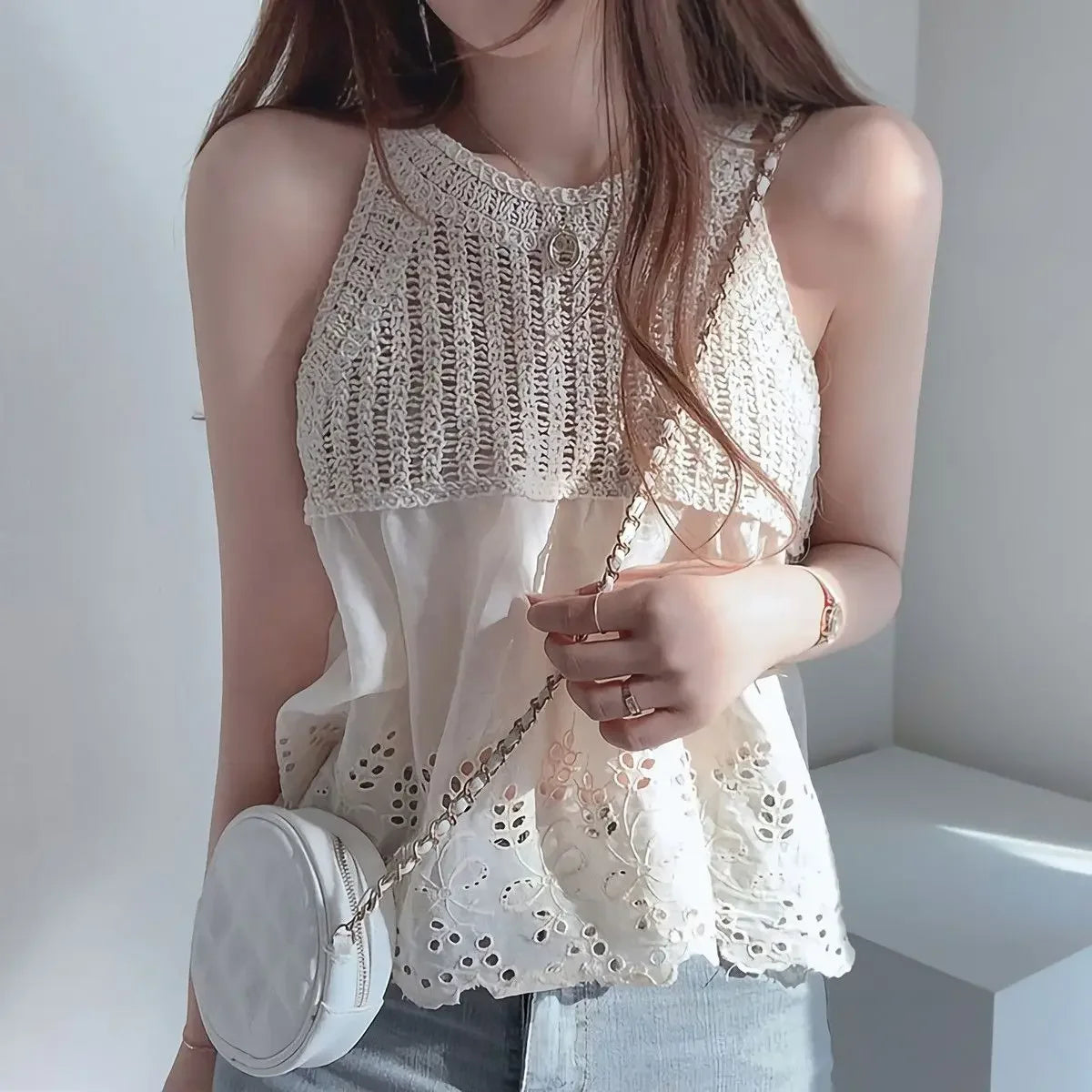Korean Style Chic Hollow Tank Out Loose Fit Top