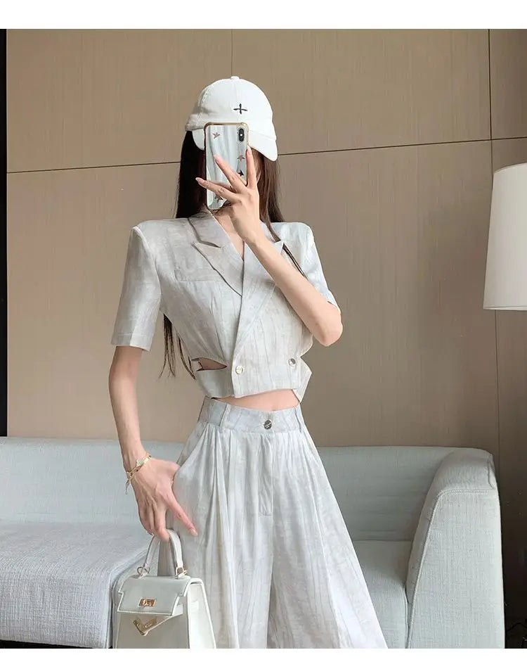 Office Lady Turn Down Collar Blazer + Wide Leg Pants Elegant Suit Top Two Piece Set