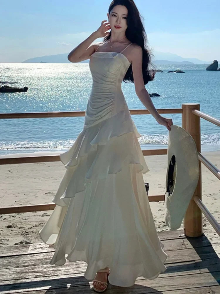 Elegant Irregular Spaghetti Strap Sleeveless Long Dress