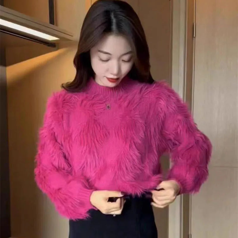 Korean Style Solid Color Pullover Long Sleeves Knitted Tops