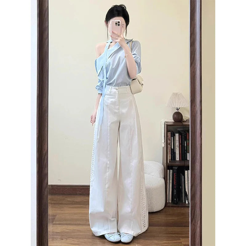 Blue Ins Style Set Long Sleeve Office Work Outfit