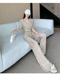 Office Lady Turn Down Collar Blazer + Wide Leg Pants Elegant Suit Top Two Piece Set