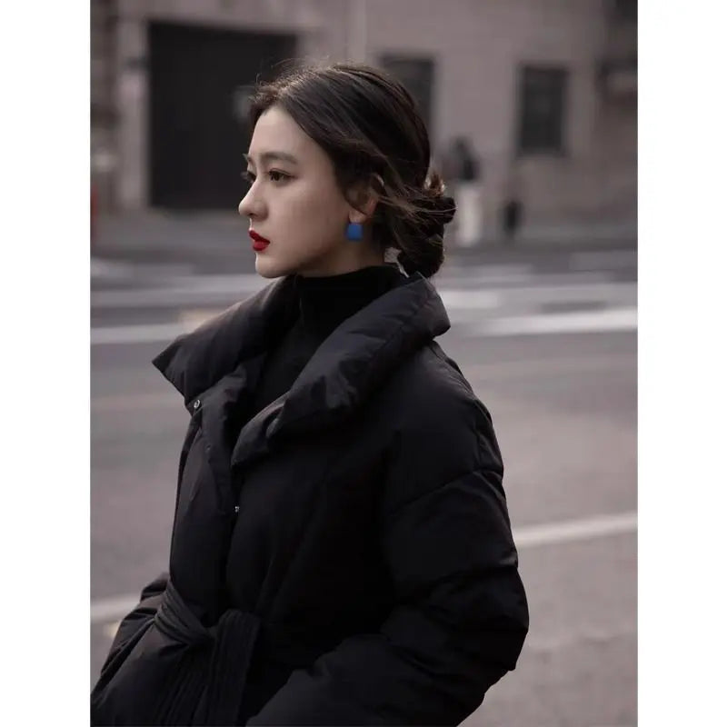 High-end Cotton Coat Belt Black Cotton-padded Jacket