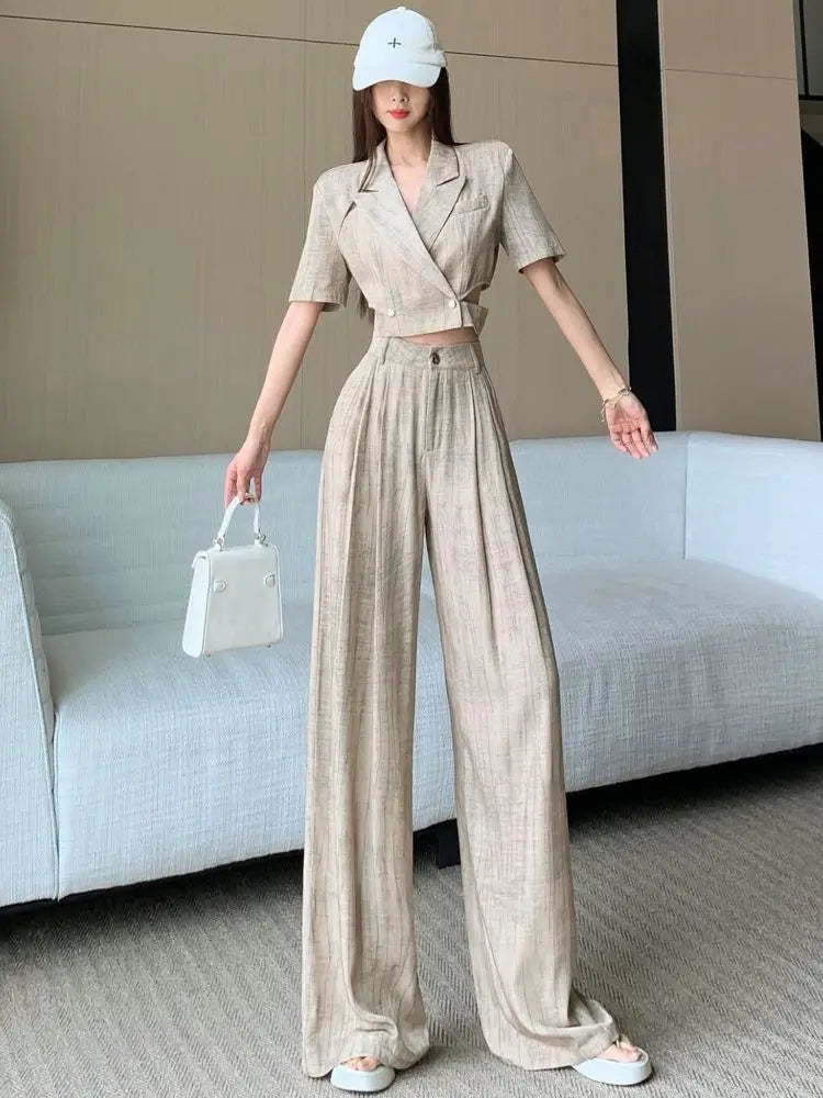 Office Lady Turn Down Collar Blazer + Wide Leg Pants Elegant Suit Top Two Piece Set