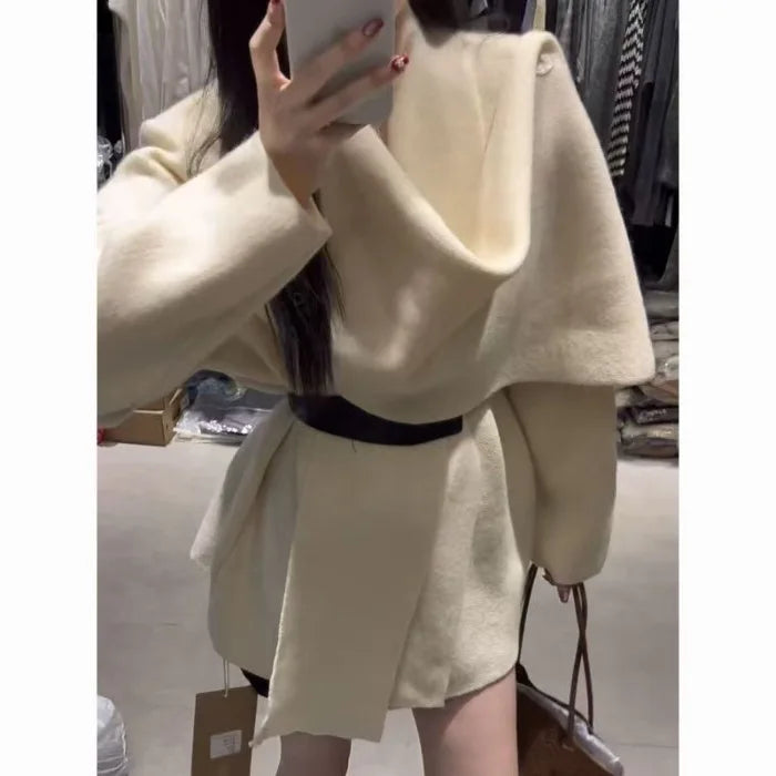 Elegant Cinched V-Neck Long Sleeve Knitted Sweater Slim Fit Coat