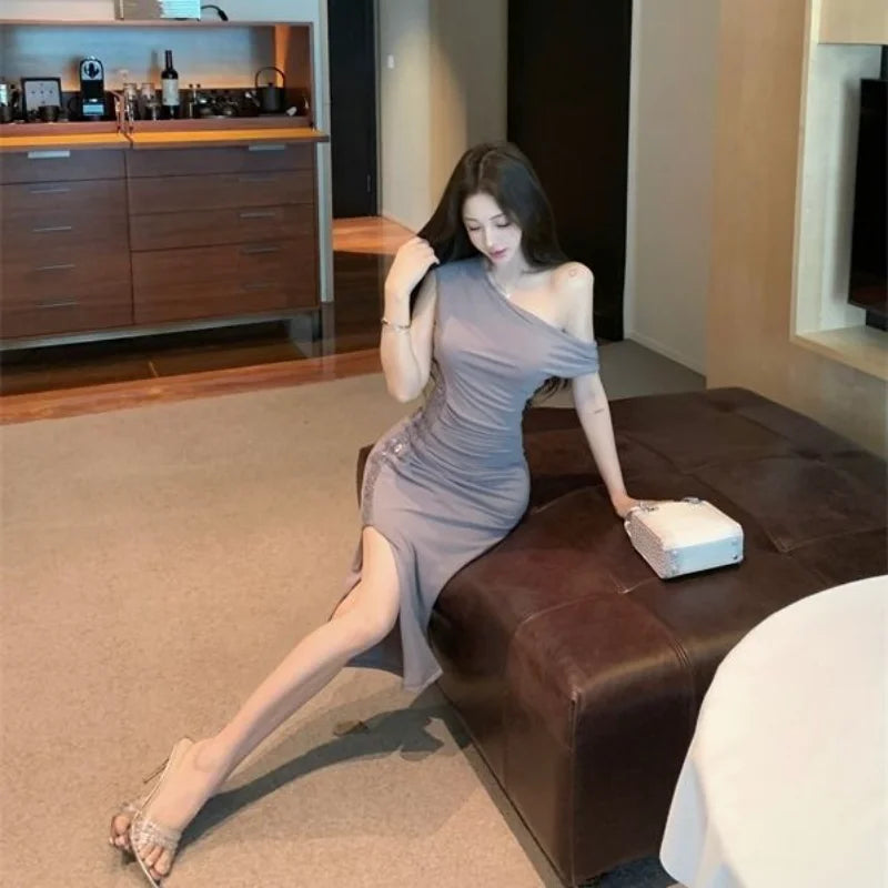Elegant One Shoulder Sequin Split Evening Party Dress