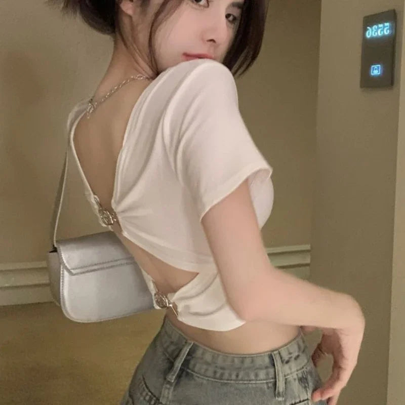 Vintage Lady Backless  Sexy Slim O-neck T-shirts Women Crop Club Tops