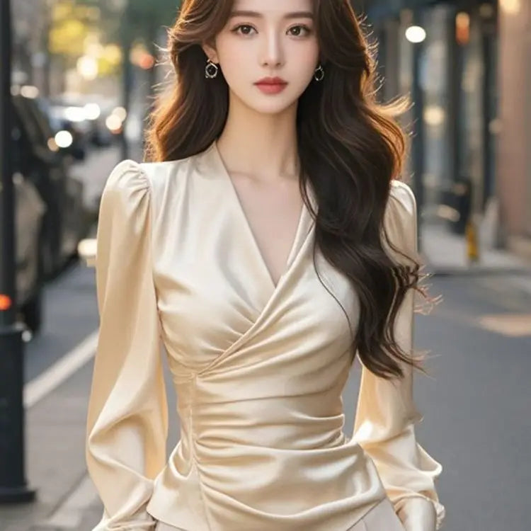 Satin V-neck Cross-length Long-sleeved Top