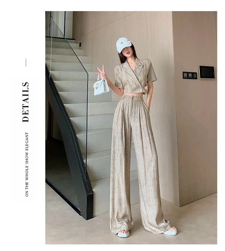 Office Lady Turn Down Collar Blazer + Wide Leg Pants Elegant Suit Top Two Piece Set