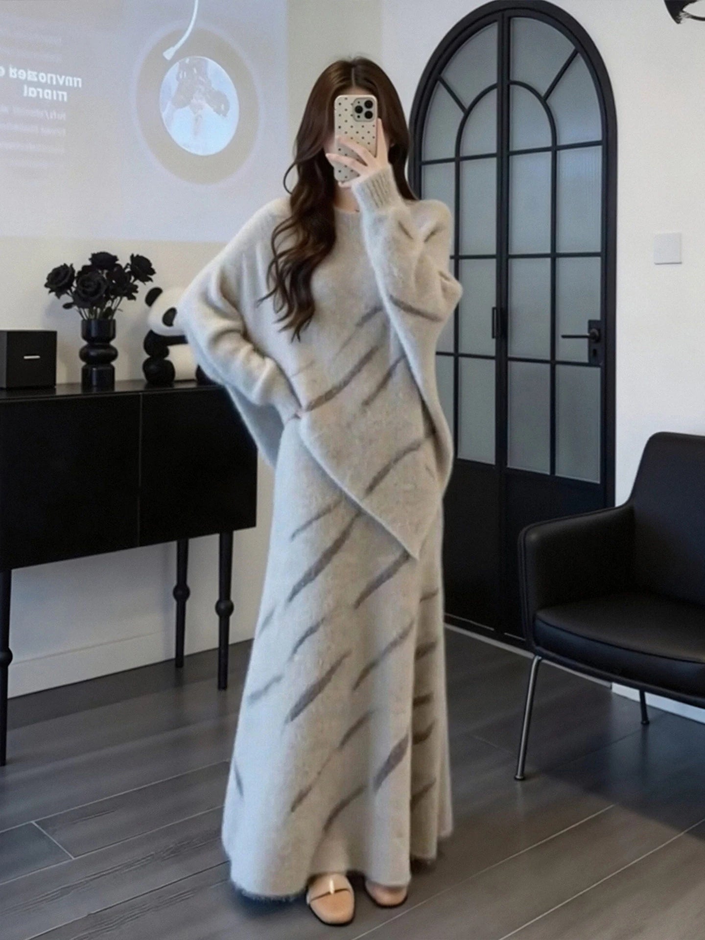 Knitted  Loose Fit High Waist Sweater And  Skirt Two-Piece Set