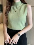 Korean Ladies Sleeveless Solid Blouse Knit Casual Top
