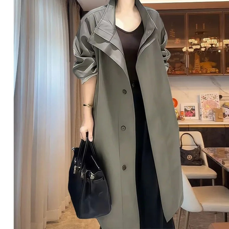 Elegant Style Stand Collar Oversized Striped Sleeve Trench Coat