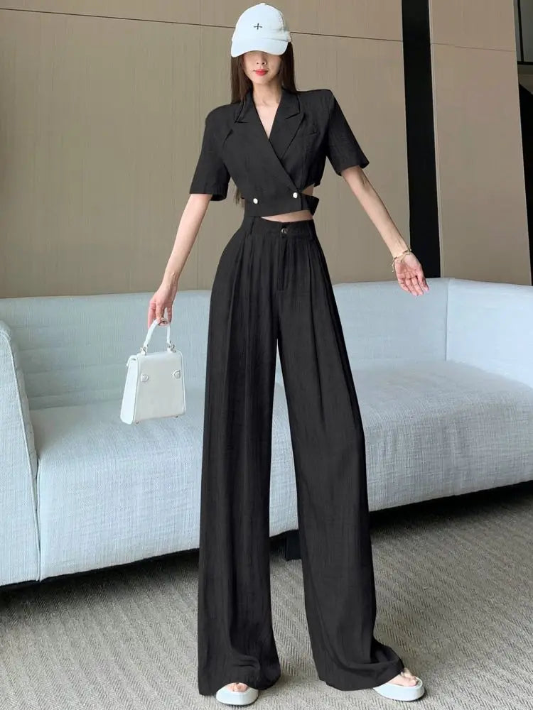 Office Lady Turn Down Collar Blazer + Wide Leg Pants Elegant Suit Top Two Piece Set