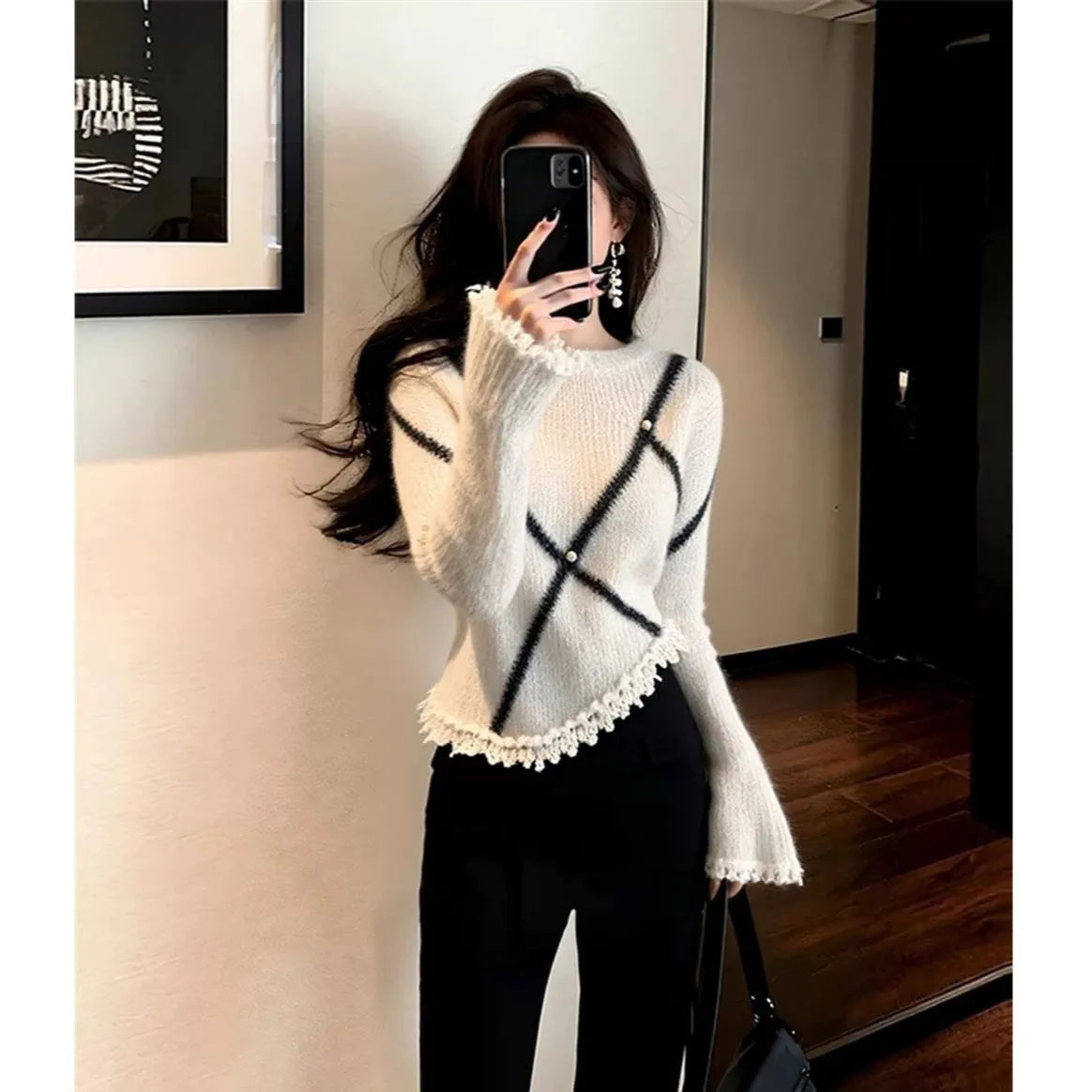 Knitted Sweater Base Layer Inner Wear Waist Inward White Top