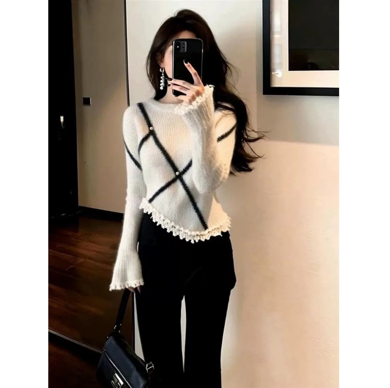Knitted Sweater Base Layer Inner Wear Waist Inward White Top