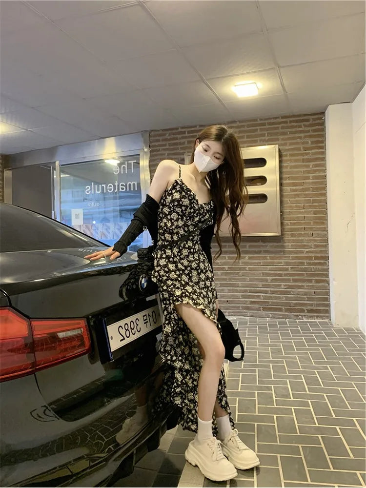 Korean Style Floral Maxi Slimming Long High Waist Zipper Closure Dress
