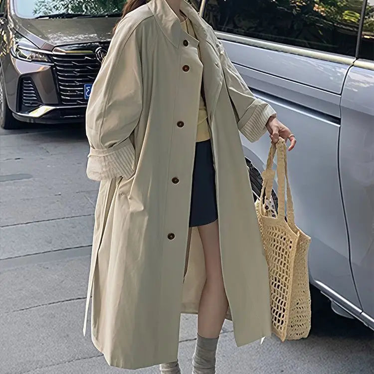 Elegant Style Stand Collar Oversized Striped Sleeve Trench Coat