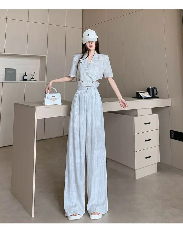 Office Lady Turn Down Collar Blazer + Wide Leg Pants Elegant Suit Top Two Piece Set