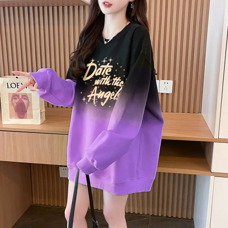 American Splicing Printed Loose Gradient Long Sleeve Hoodies
