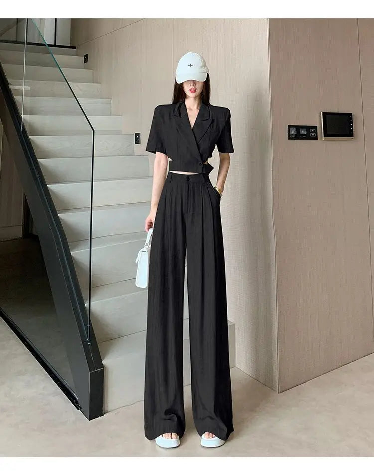 Office Lady Turn Down Collar Blazer + Wide Leg Pants Elegant Suit Top Two Piece Set