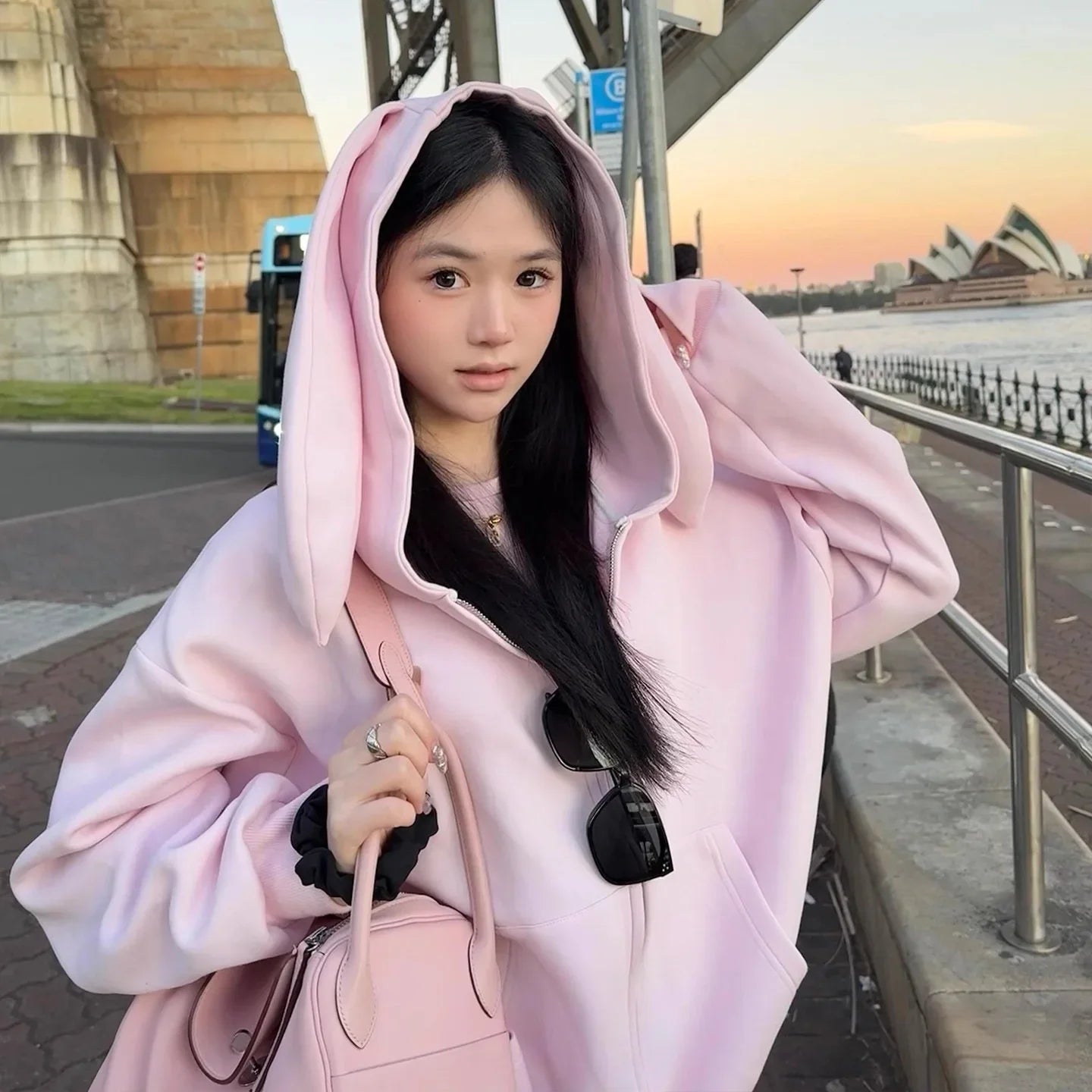 Korean Style Cute Pink Rabbit Ear Hoodie Loose Fit Streetwear