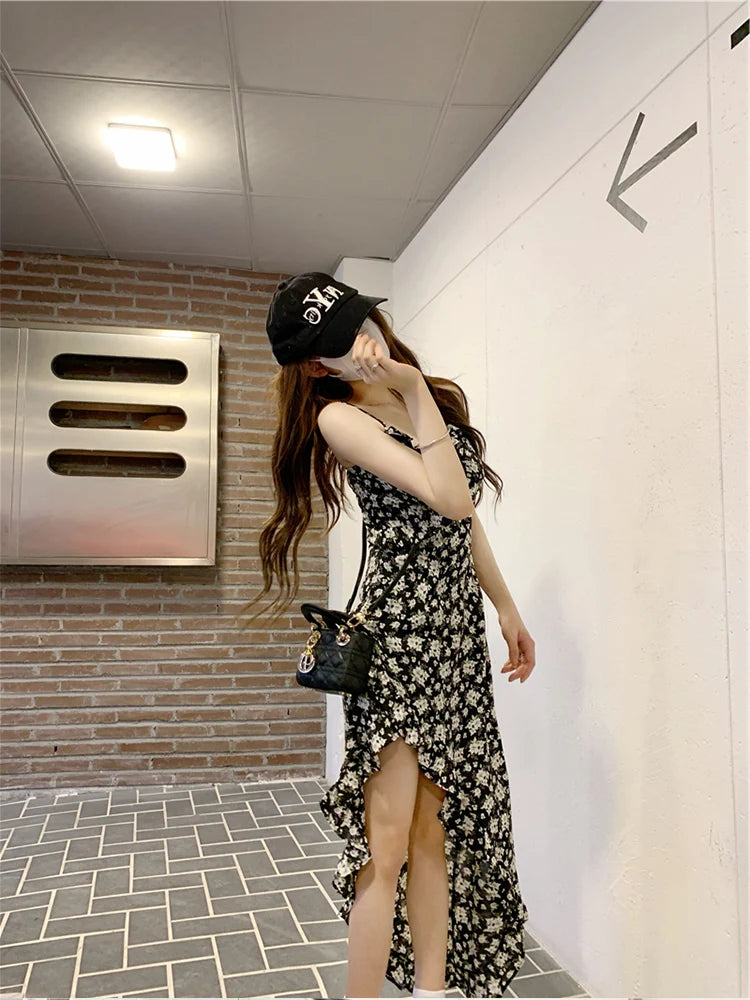 Korean Style Floral Maxi Slimming Long High Waist Zipper Closure Dress