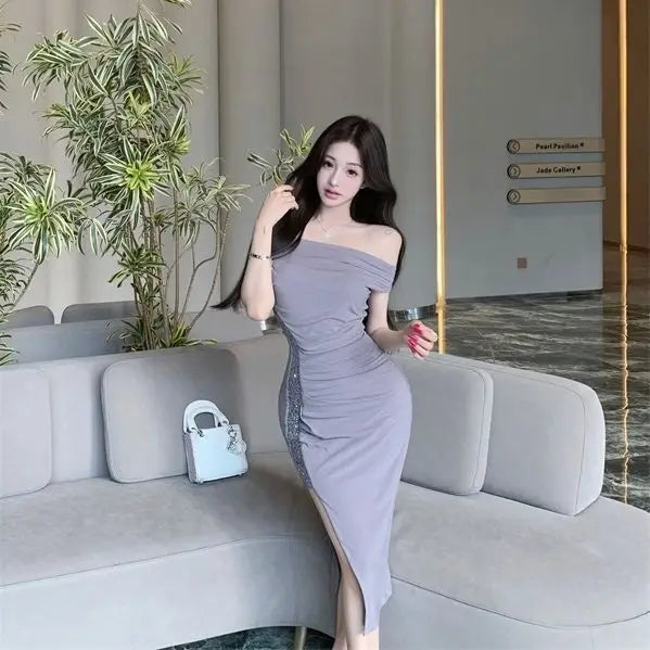 Elegant One Shoulder Sequin Split Evening Party Dress