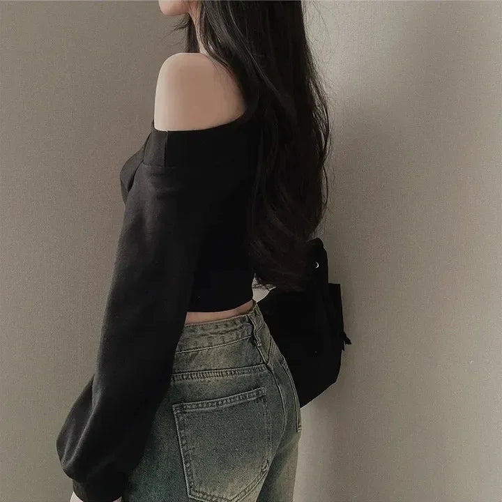Korean Style Chic Hoodie Irregular Slash Neck Off Shoulder Long Sleeve Solid Waist Versatile