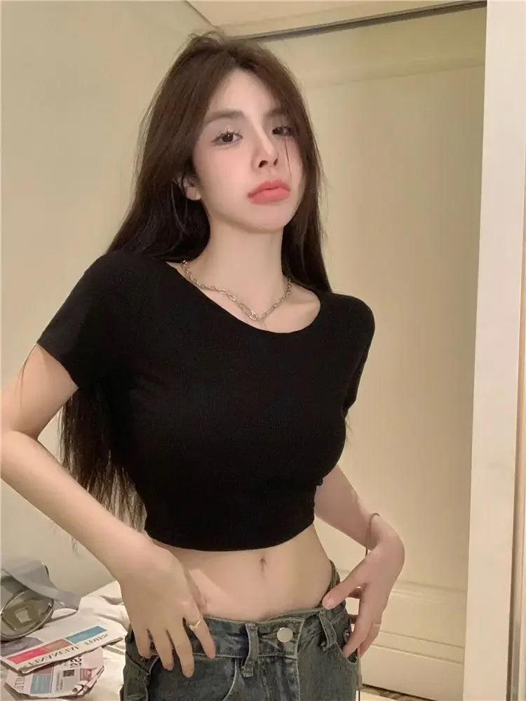 Vintage Lady Backless  Sexy Slim O-neck T-shirts Women Crop Club Tops
