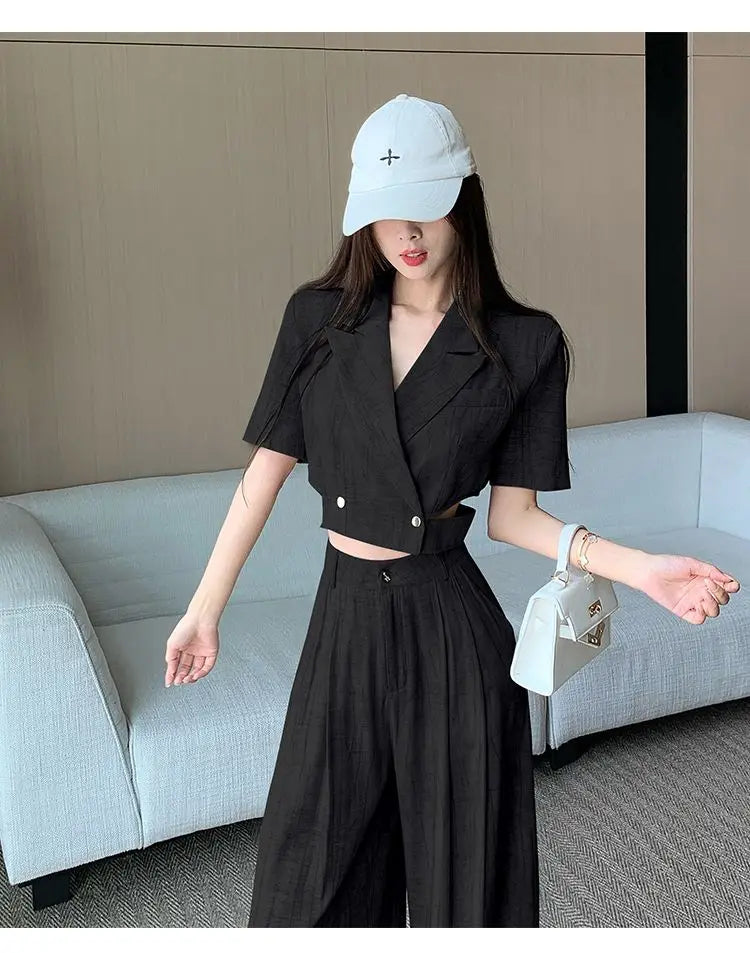 Office Lady Turn Down Collar Blazer + Wide Leg Pants Elegant Suit Top Two Piece Set